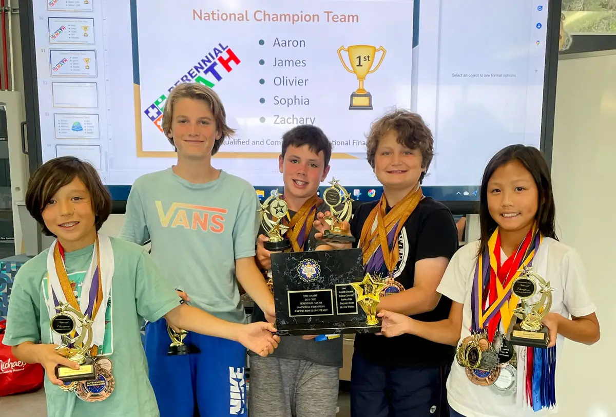 Pacific Rim Elementary's 5th grade math team won both the state and national championships at this year’s Perennial Math competition. Pictured from left: James Gentile, Olivier Weeda, Zachary Ross, Aaron Cooper and Sophia Kim. Photo by Ilene Cooper