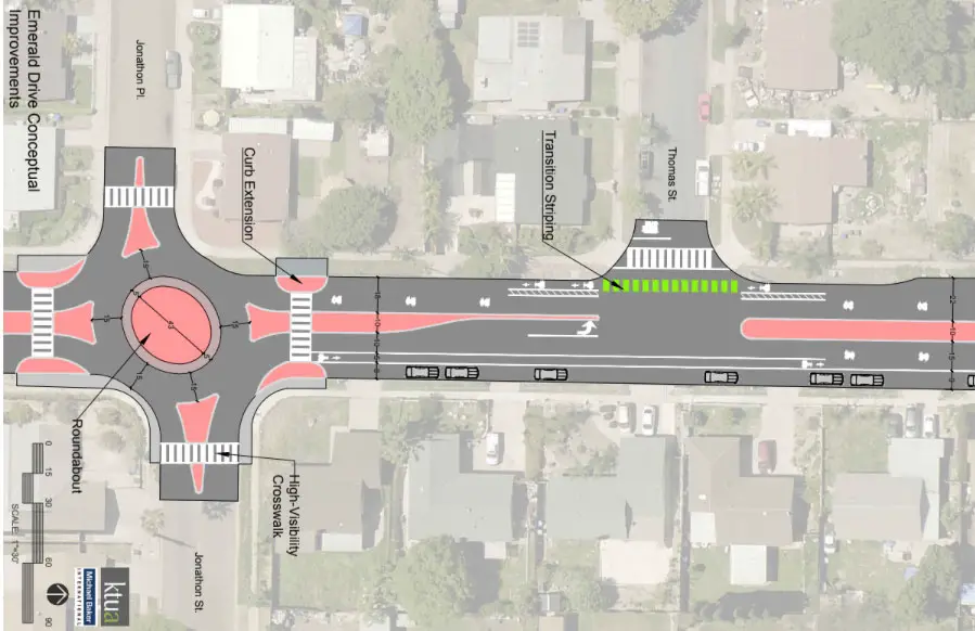 This rendition submitted by the City of Vista shows the buildout of a roundabout, curb extension, transition striping, and other conceptual improvements proposed for Emerald Drive between Jonathan Place and Thomas Street.