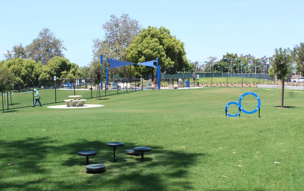 A two-part dog park consisting of an area for large dogs (pictured) was unveiled on July 27 by the City of Carlsbad at Poinsettia Park. The city has completed other amenities, including additional parking spaces next to the pickleball courts and a new restroom. Photo by Steve Puterski