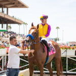Opening Day: Jockey Juan Hernandez sits atop Breakfast Ride, winner of the first race last Friday, Opening Day of the 2022 summer racing season at the Del Mar Fairgrounds. Photo by Laura Place