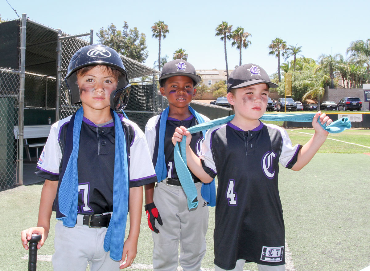 Carlsbad 6U baseball: Carlsbad Youth Baseball 6U All-Star team players (left to right) Raymond Thill, Isaiah Mcbryer and Duke Cassaro at the Pony West Zone Finals last weekend in Simi Valley. Courtesy photo