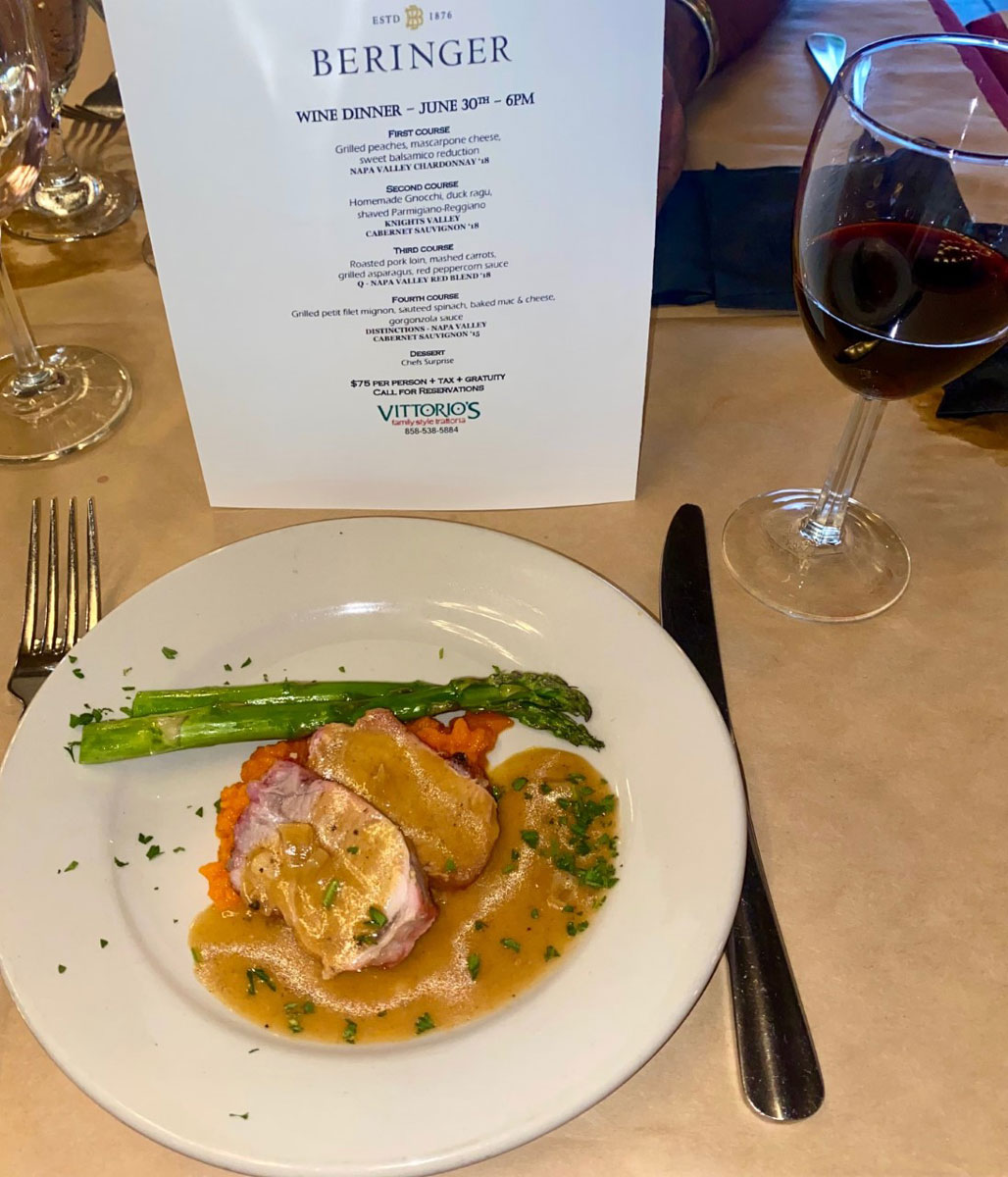 Roasted pork loin, mashed carrots, grilled asparagus served with a red peppercorn sauce paired with the 2018 Q red blend. Photo by Rico Cassoni