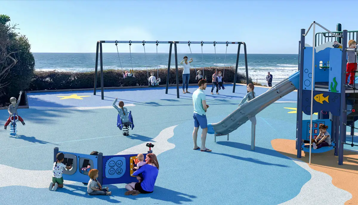 The planned renovation to the Powerhouse Park tot lot will include a new play structure and slide with amenities for younger and older kids, a new rubberized surface and other amenities. Rendering courtesy of the City of Del Mar.