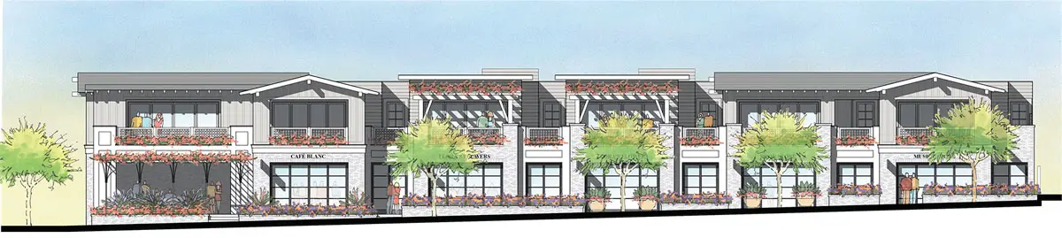 The two-story, mixed-use 941 Camino Del Mar project, depicted in an architectural rendering, will include six market rate and two affordable residential units and around 4,000 feet of commercial space at the vacant lot which formerly housed a gas station. Art courtesy of Starck Architecture