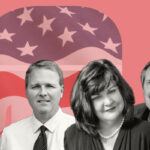 Former and current members of the San Diego County Republican Party, from left, Phil Graham, Trustee Maureen "Mo" Muir, and her husband, Mark Muir. Courtesy photos/The Coast News graphic