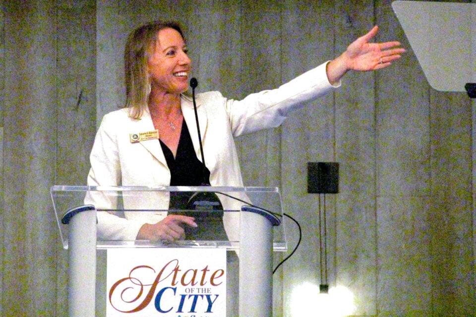 Mayor Catherine Blakespear gives her final State of the City address on Sept. 1 at Alila Marea Beach Resort in Encinitas. Photo by Jacqueline Covey