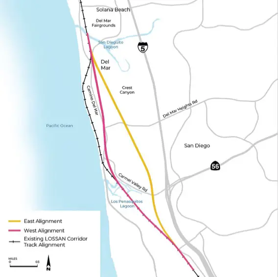 This graphic shows two options for the location of the railway realignment off of the Del Mar bluffs. The San Diego Association of Governments accepted $300 million for the project on Friday. Courtesy of SANDAG