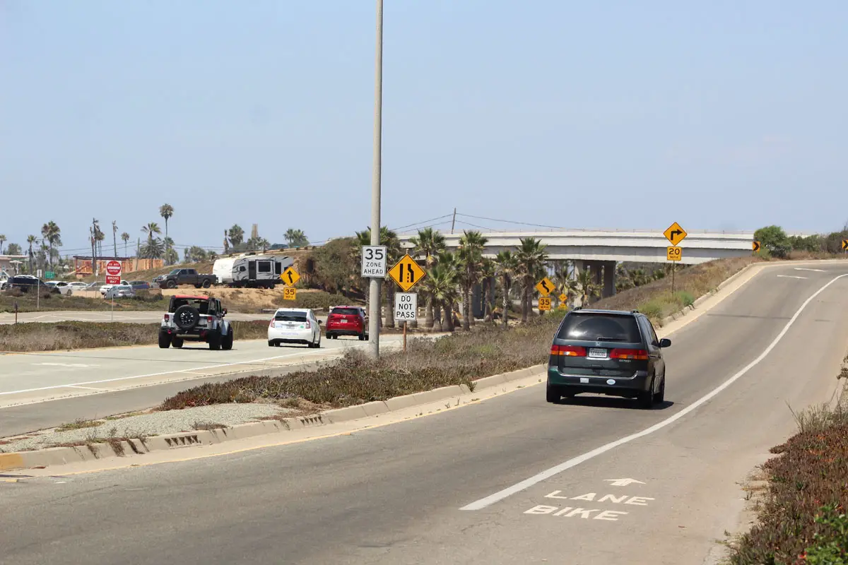 A motorist driving north on Carlsbad Boulevard takes the Palomar Airport Road exit on Aug. 19. Photo by Steve Puterski