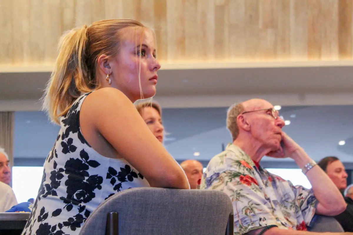 Blakespear's daughter, Ava, listens during the State of the City vent on Sept. 1 at Alila Marea Beach Resort. Photo by Jacqueline Covey 