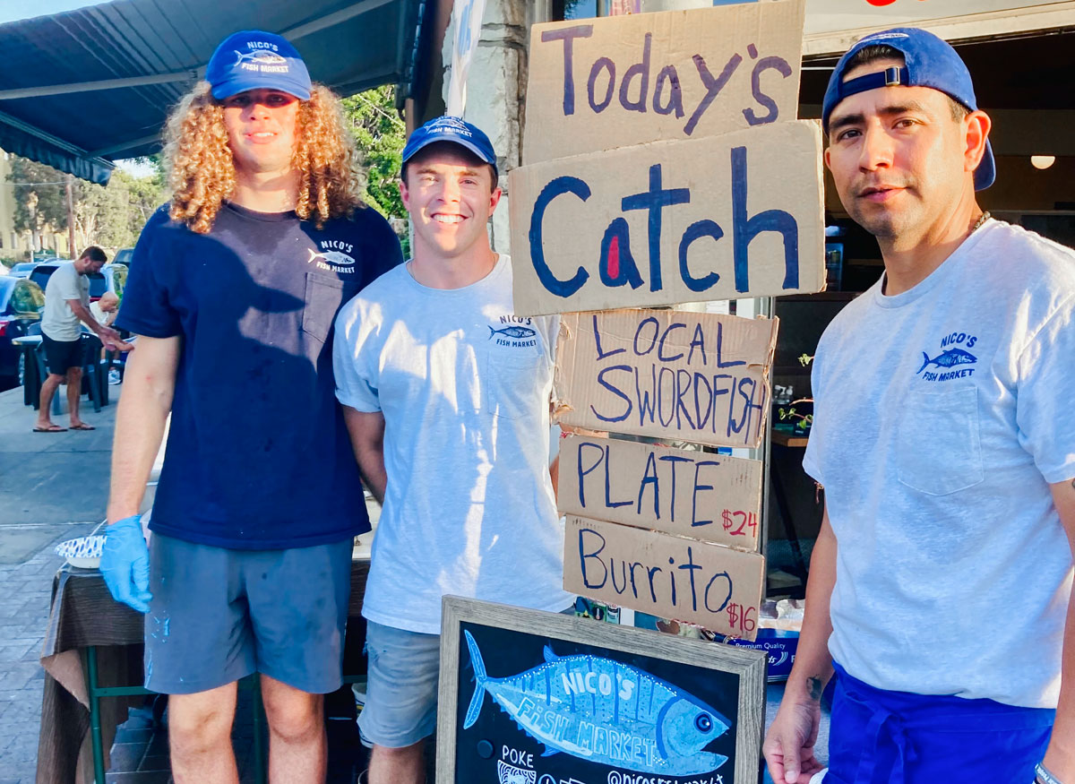 Nico's Fish Market crew, from left, Henry Patton, manager, owner Nico Gibbons, and cook Gabe Gallegos. Photo by David Boylan