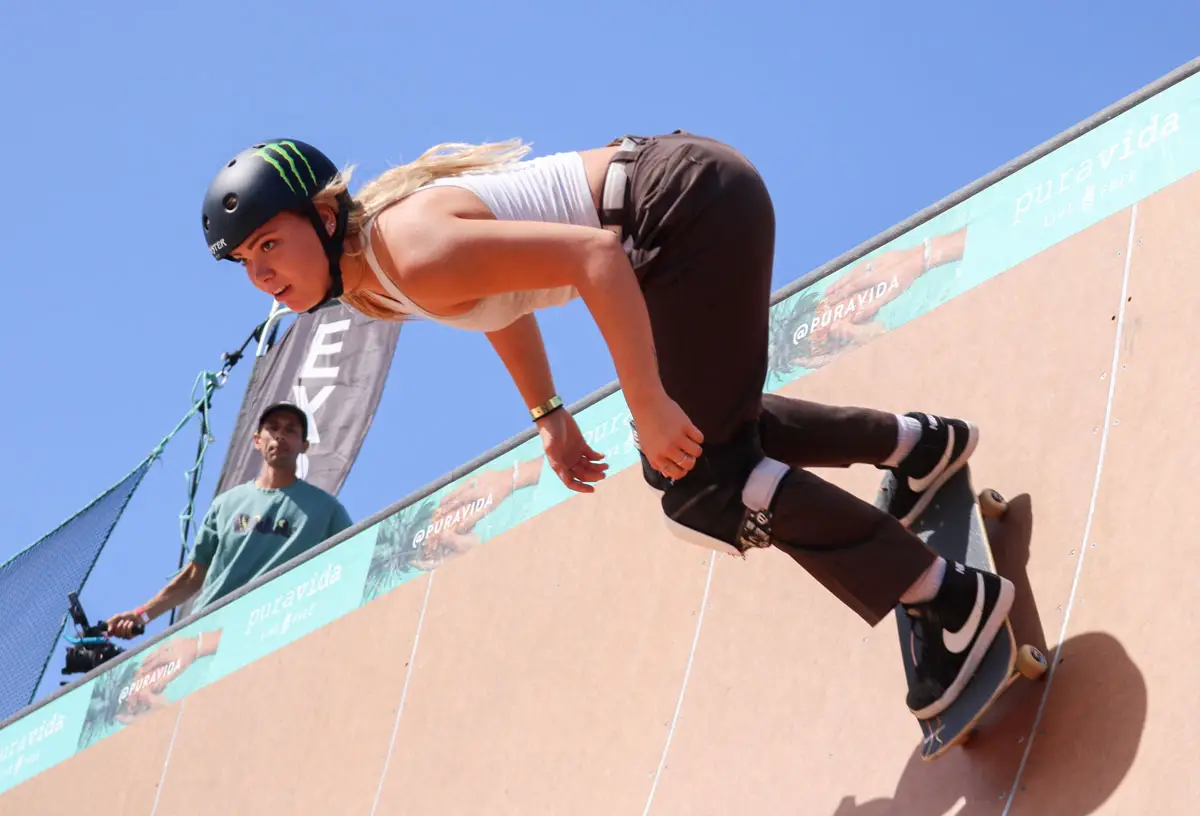 Grace Marhoefer participates in the vert skateboarding competition on the third day of the 11th annual Exposure skateboarding benefit event on Sunday at the Encinitas Skate Plaza. Photo by Laura Place
