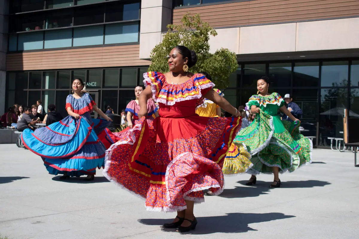 Members of the Ballet Folklorico club on Monday at San Marcos High School perform during a Hispanic Heritage Month celebration on campus. Photo by Laura Place