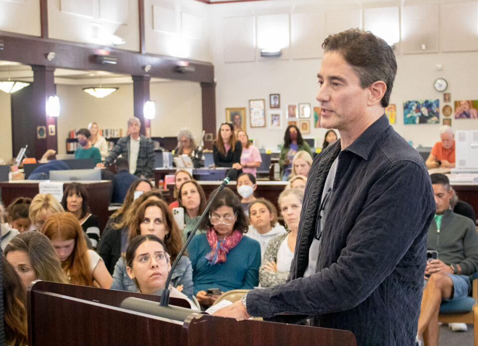 Carmel Valley Middle School parent Dr. David Roy speaks about how his son’s teacher displayed a photo of Adolf Hitler alongside photos of renowned world leaders and made insensitive comments during the San Dieguito Union High School District’s Oct. 13 meeting. Photo by Laura Place