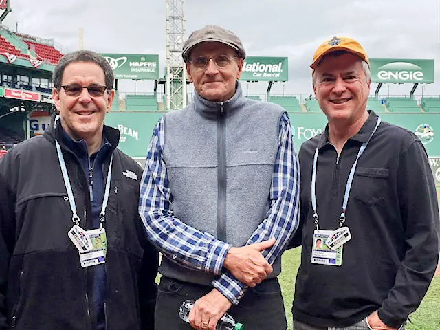 Scott Miller of Carlsbad, right, a longtime baseball writer, has covered the last 28 World Series. Here, he hangs out with The Athletic’s Jayson Stark, left, and singer James Taylor at Boston’s Fenway Park during the 2018 Fall Classic. Courtesy photo