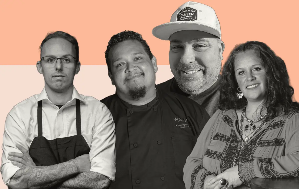 Local chefs (from left) William Eick, Moises Hernandez, Pete Zacarias and Monica Szepesy. Courtesy photos/The Coast News graphic