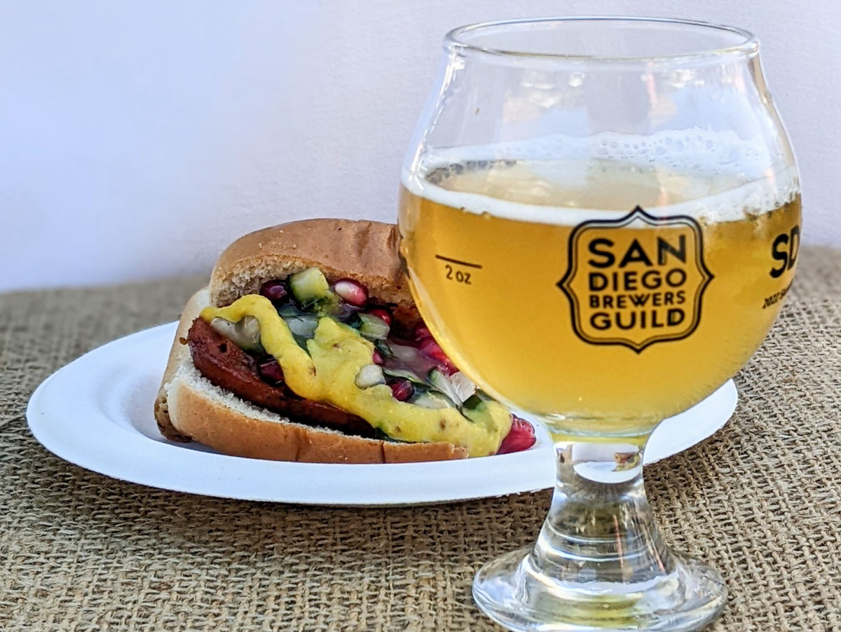 Smoked shrimp hotdog from Chef Paul Arias with an AleSmith Hop Cypher, Double Dry-hopped West Coast IPA. Photo by Jeff Spanier