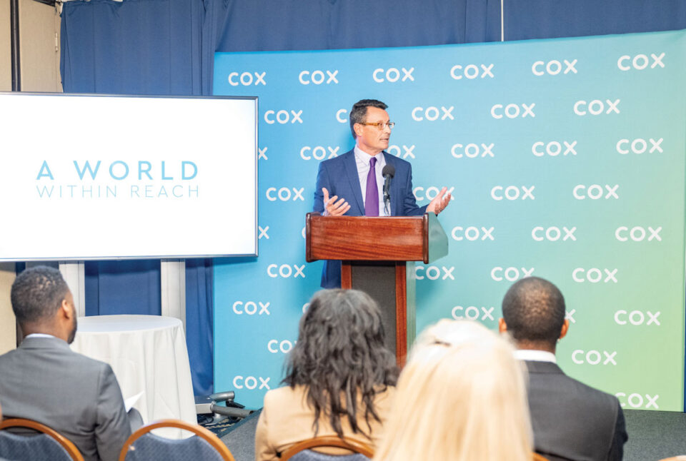 Pictured is Mark Greatrex, president of Cox Communications, sharing the survey results. Of the positive impacts that stem from Cox internet access, 93% of ACP and C2C customers indicate they’re able to pay their bills on time more easily and 95% of C2C customers say it provides a way for their families to spend more time together. Courtesy photo