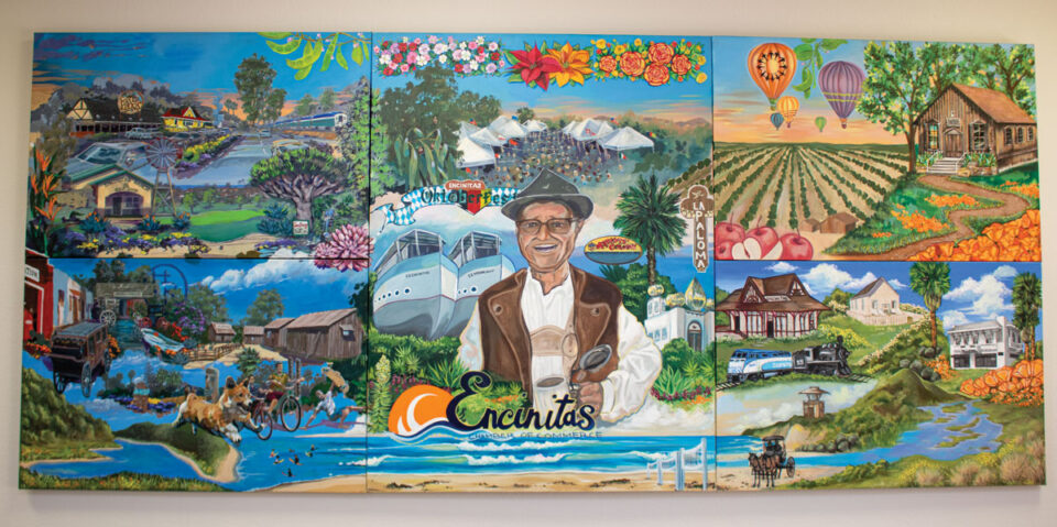 The “Mr. Encinitas” mural inside the Encinitas Visitors Center pays tribute to local philanthropist and volunteer Edgar Engert. Photo by Laura Place