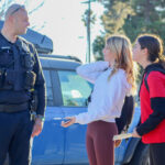 Carlsbad patrol officer Mike Kupper, left, speaks with Valley Middle School students Taylor Schuler and Jordyn Mazzocco on Jan. 25 during the city’s Safer Streets Together campaign to promote bike and vehicle safety. Photo by Steve Puterski