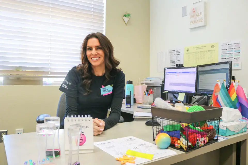 Mission Hills High School social worker Bina Gold, pictured in her counseling office, works with dozens of students every week who are struggling both in and out of school. Photo by Laura Place
