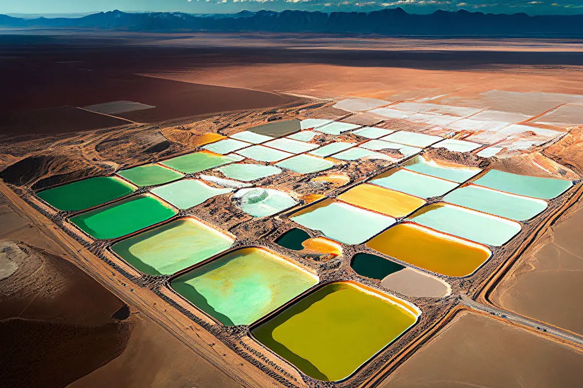 Carlsbad lithium: A digital rendering depicting separation ponds at lithium mines. Stock photo