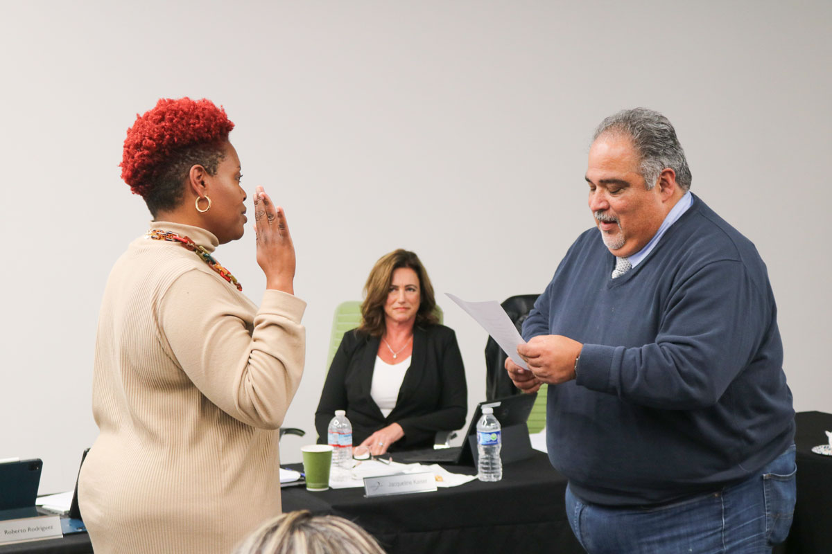 Cassandra Schaeg is sworn in Tuesday as the Palomar College Board’s new Area 2 trustee. Photo by Laura Place