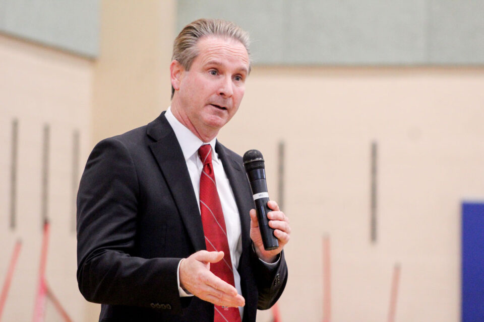 Vista Unified School District Superintendent Matthew Doyle speaks at Rancho Minerva Middle School during a community forum regarding school consolidation on March 16. Photo by Laura Place