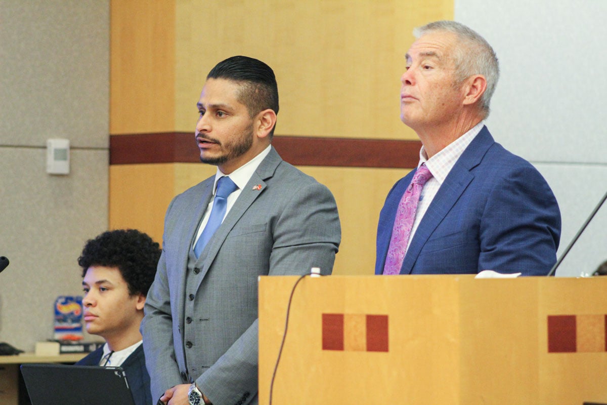 Kellon Razdan, far left, at his sentencing hearing at the Vista Courthouse next to defense attorneys Jay Monico, center, and Kerry Steigerwalt. Photo by Laura Place
