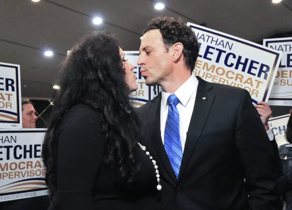 Supervisor Nathan Fletcher kisses his wife former Assemblywoman Lorena Gonzalez during the November 2018 election. Photo by Chris Stone/Times of San Diego