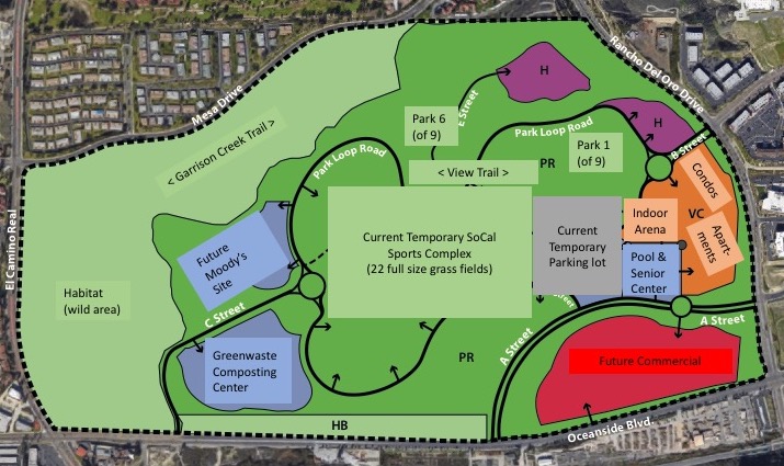 The Oceanside Planning Commission recently approved a development plan for a commercial project in the Oceanside Boulevard Commercial areas of El Corazon Park (areas shown in red). Courtesy photo