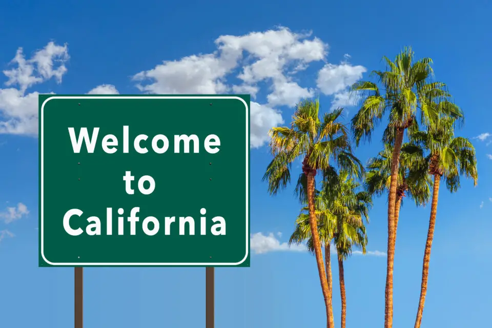 Welcome To California, California road sign, palm trees, CA