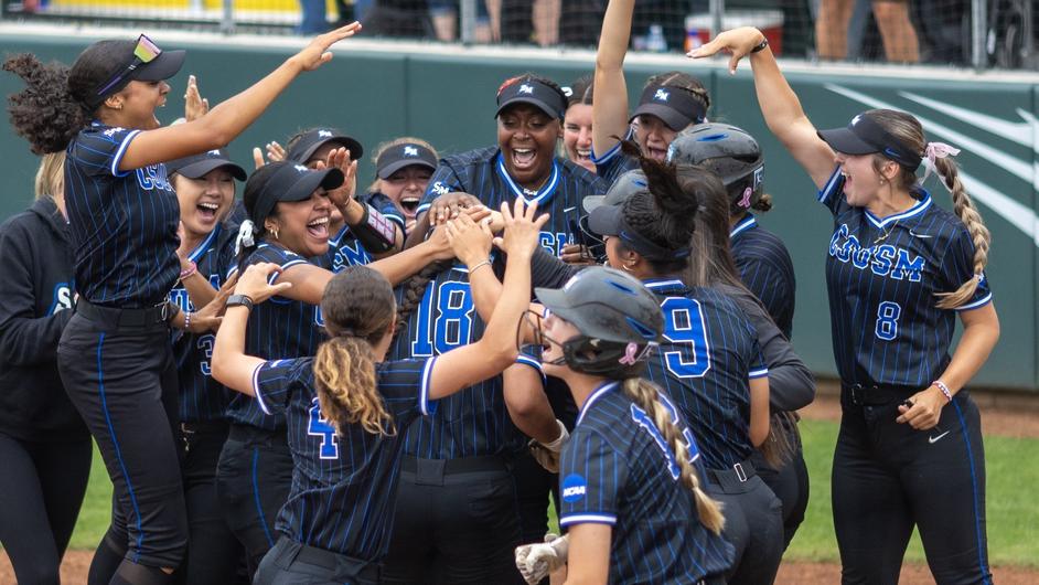Cal state San Marcos softball players celebrate after winning the NCAA Division II regional championship. Courtesy photo/Crash Kamon