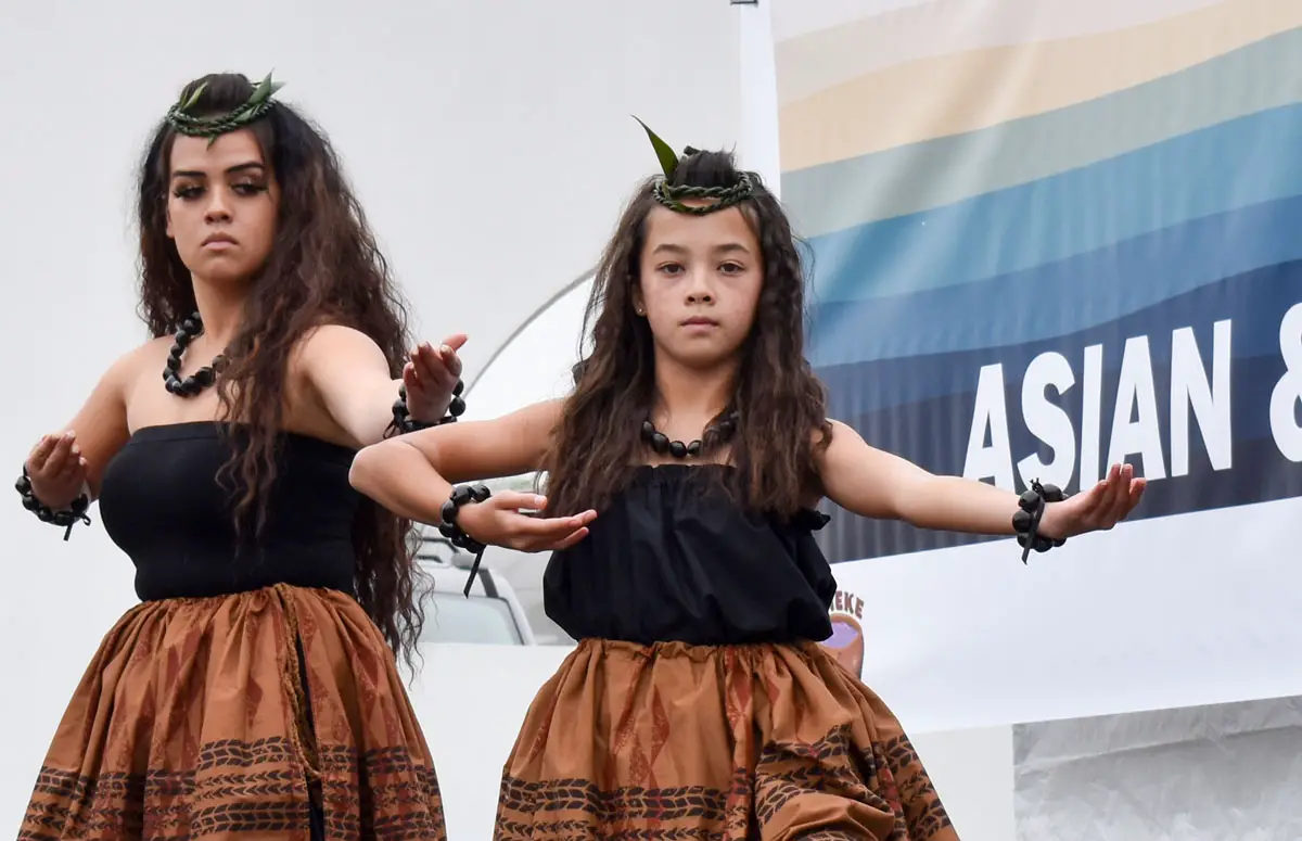 Dancers from Vista's Kahai Halau O ‘Ilima Pa ‘Olapa Kahiko school at the Southern California Asian and Pacific Islander Festival on April 29 in Oceanside. Photo by Samantha Nelson 