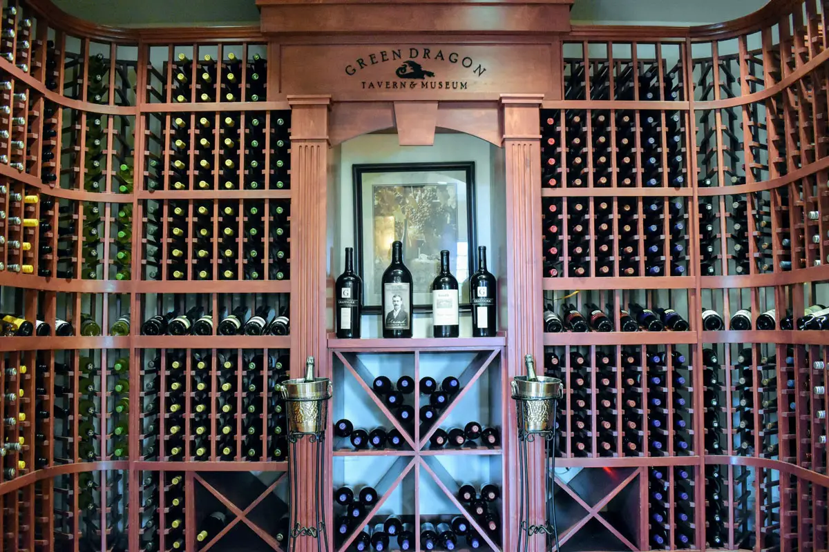 Bottles of wine on a wooden rack at Green Dragon Tavern and Museum in Carlsbad. Courtesy photo/Green Dragon