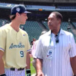 Spencer Jones talks with Hall of Famer Dave Winfield, a former Padres and Yankees great, who sought out the fellow 6-foot-6 outfielder, a La Costa Canyon graduate, at the Futures Game in Seattle on July 8. Photo via Twitter