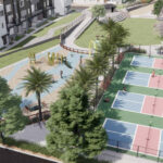 A rendered view of the pickleball courts at the planned public park included in the Restaurant Row project. Graphic courtesy of Lennar Homes
