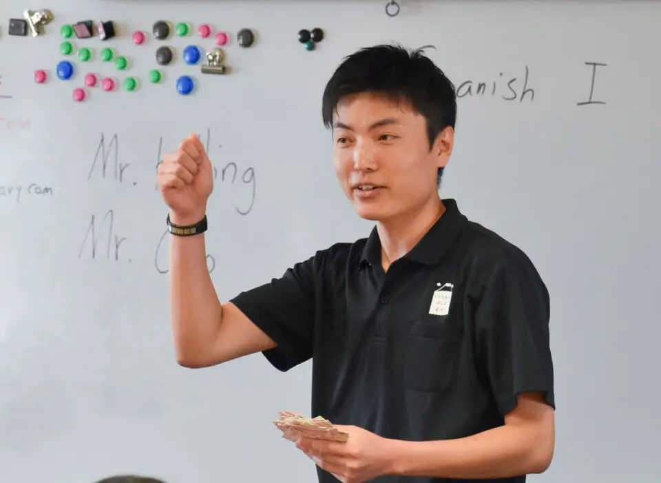 Mizuho Ono teaches a classroom of students at King Middle School about his home country of Japan. Photo by Samantha Nelson