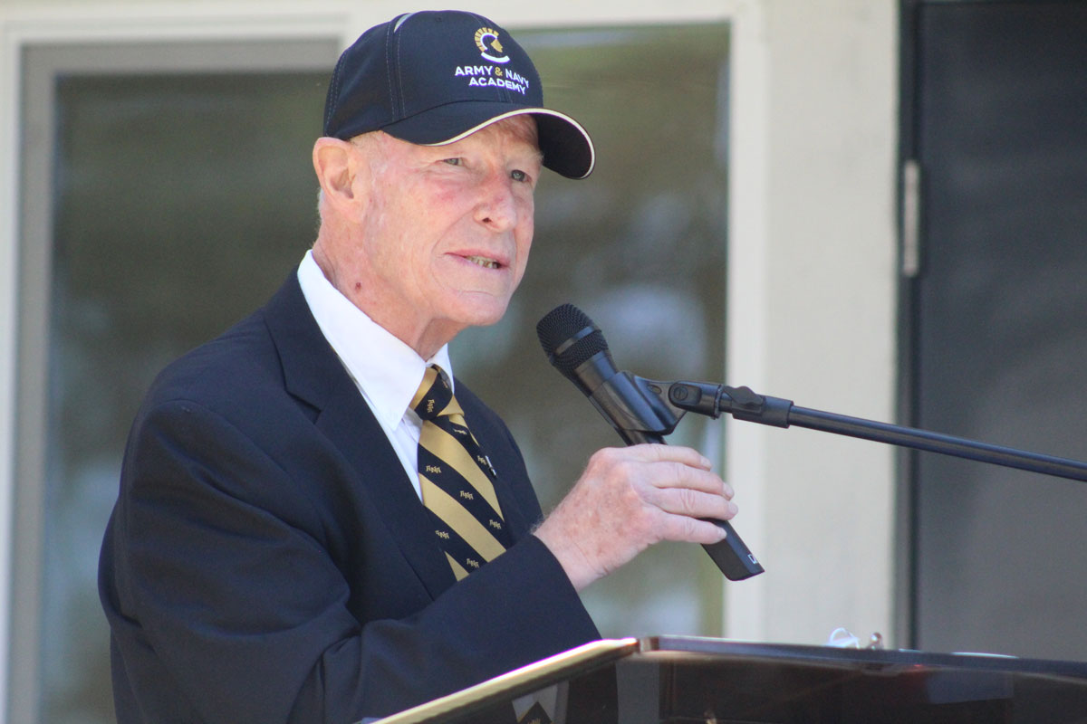 Oscar Fitzgerald speaks during a ceremony to unveil the new Fitzgerald Innovation Center at the Army and Navy Academy in Carlsbad. Fitzgerald and his family donated $1 million to the school for the project. Photo by Steve Puterski