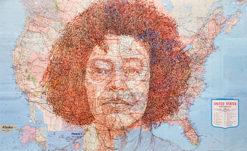Artist John Halaka's portrait of Angela Davis, a political activist and feminist, on a commercial map of the United States. Courtesy photo