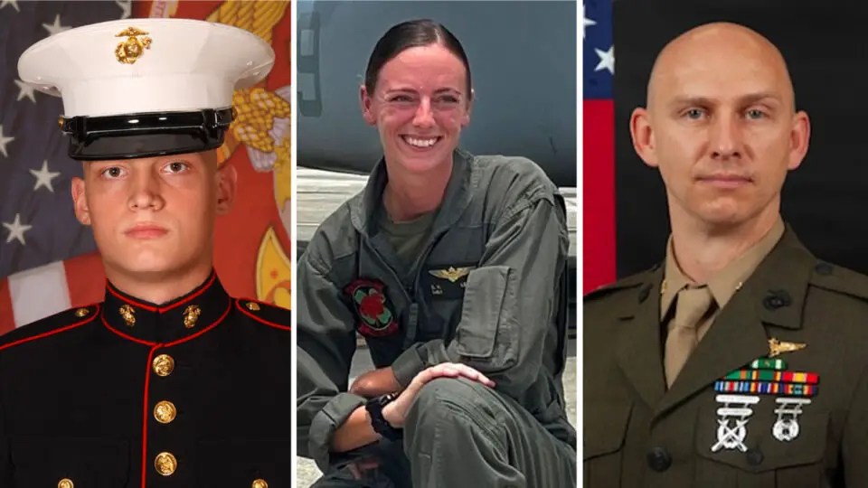 The three Marines killed in the crash were (from left to right) Cpl. Spencer R. Collart, 21, from Arlington, Virginia.; Capt. Eleanor V. LeBeau, 29, from Belleville, Illinois, and Maj. Tobin J. Lewis, 37, from Jefferson, Colorado. Courtesy photos