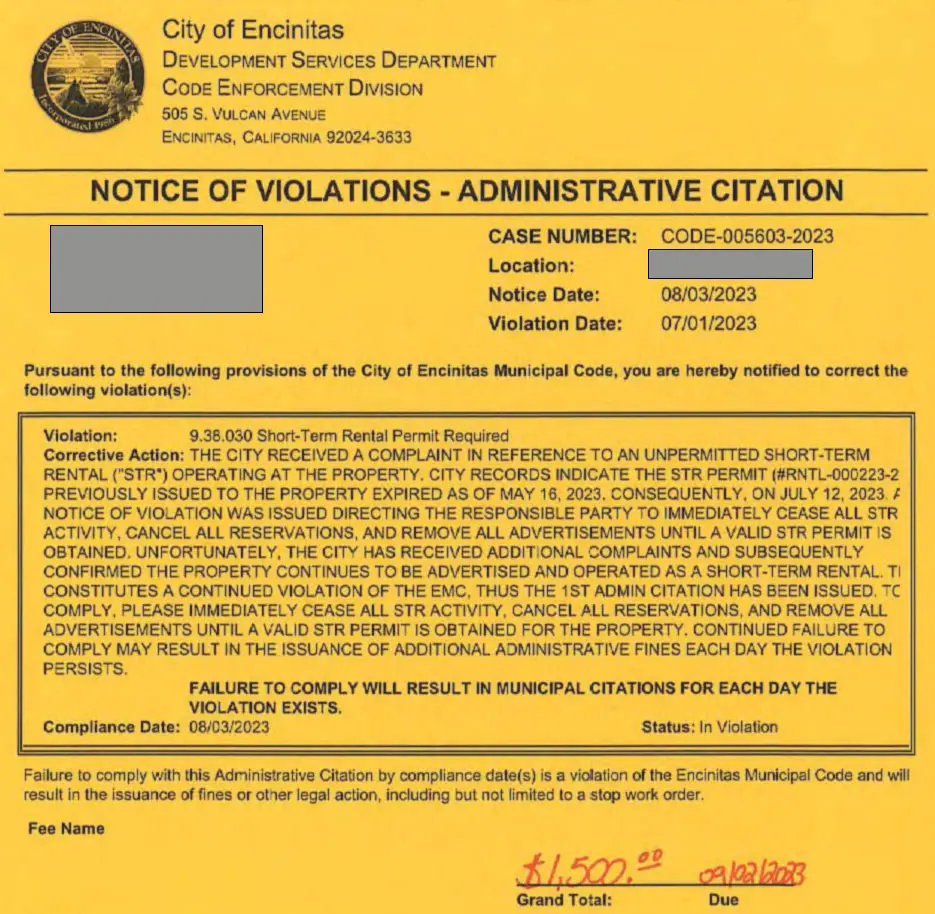 A citation for $1,500 for one of the properties advertising and operating a short-term rental home without a city-issued permit. The host was later granted a permit after paying $4,500 in fines. Courtesy photo
