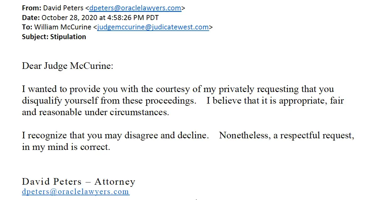 An email to retired judge William McCurine requesting he withdraw as referee from arbitration. Screenshot