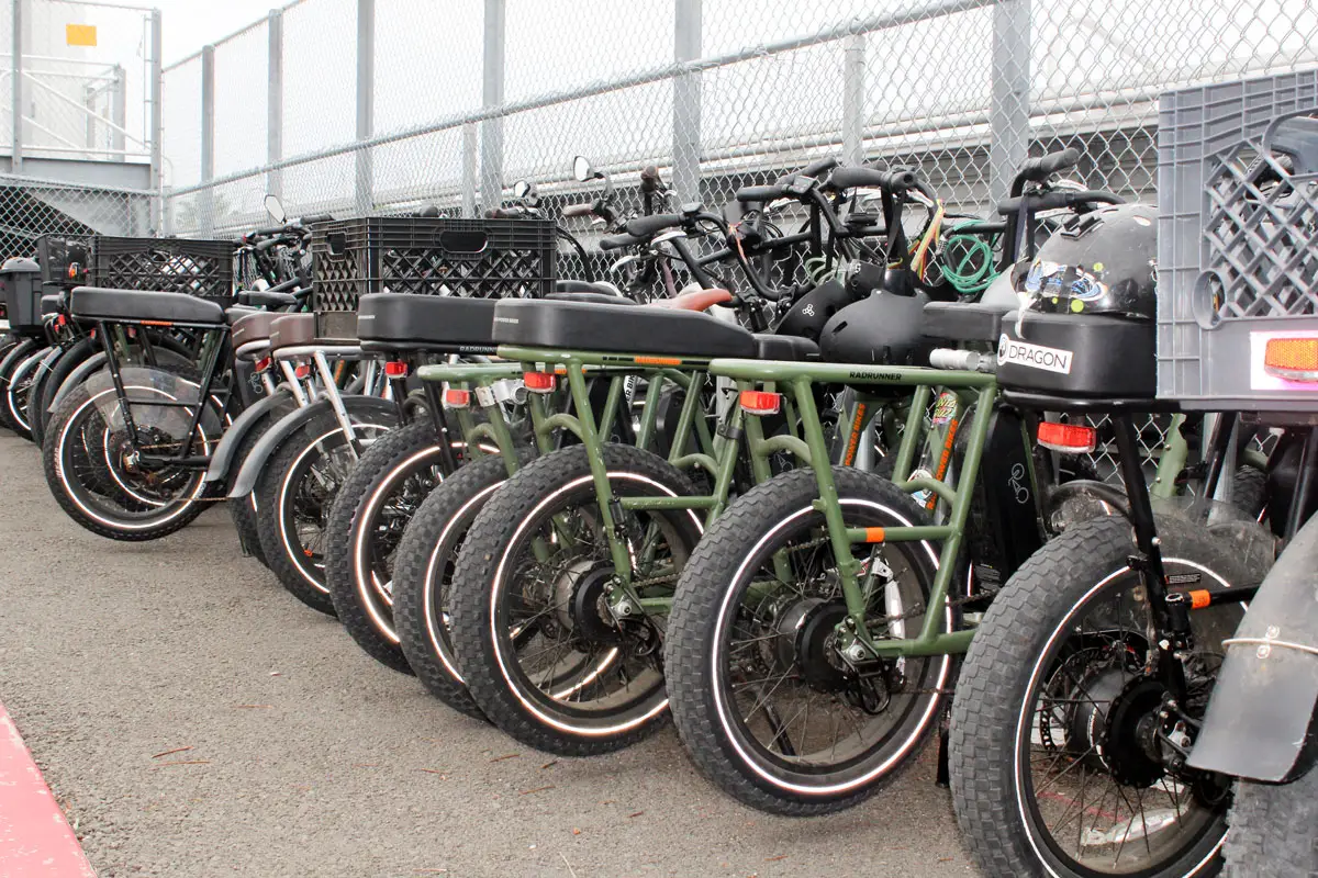 Hundreds of students ride bikes to San Dieguito Academy every day, with the majority being e-bikes. Bike rack at the school pictured Sept. 21. Photo by Laura Place 