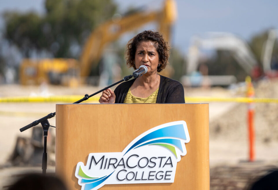 Sunita Cooke, president of MiraCosta College, speaks during a groundbreaking ceremony last year for a new gym complex funded by Measure MM. Courtesy photo/MiraCosta