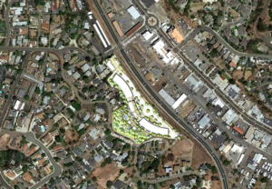 An aerial view of the location for the 186-unit Kensho housing project, west of the railroad tracks and buffered from Lado de Loma Drive to the east by the hilllside. Courtesy Tideline Partners