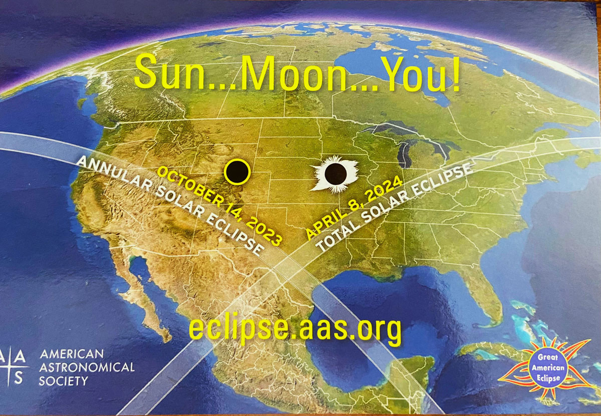Eclipses always travel from west to east, and people in San Antonio, Texas, will see both the Oct. 14 and April 8 eclipses in totality. The phenomenon of two solar eclipses in the same place in the same year occurs about once every 400 years. Courtesy of American Astronomical Society/eclipse.aas.org.