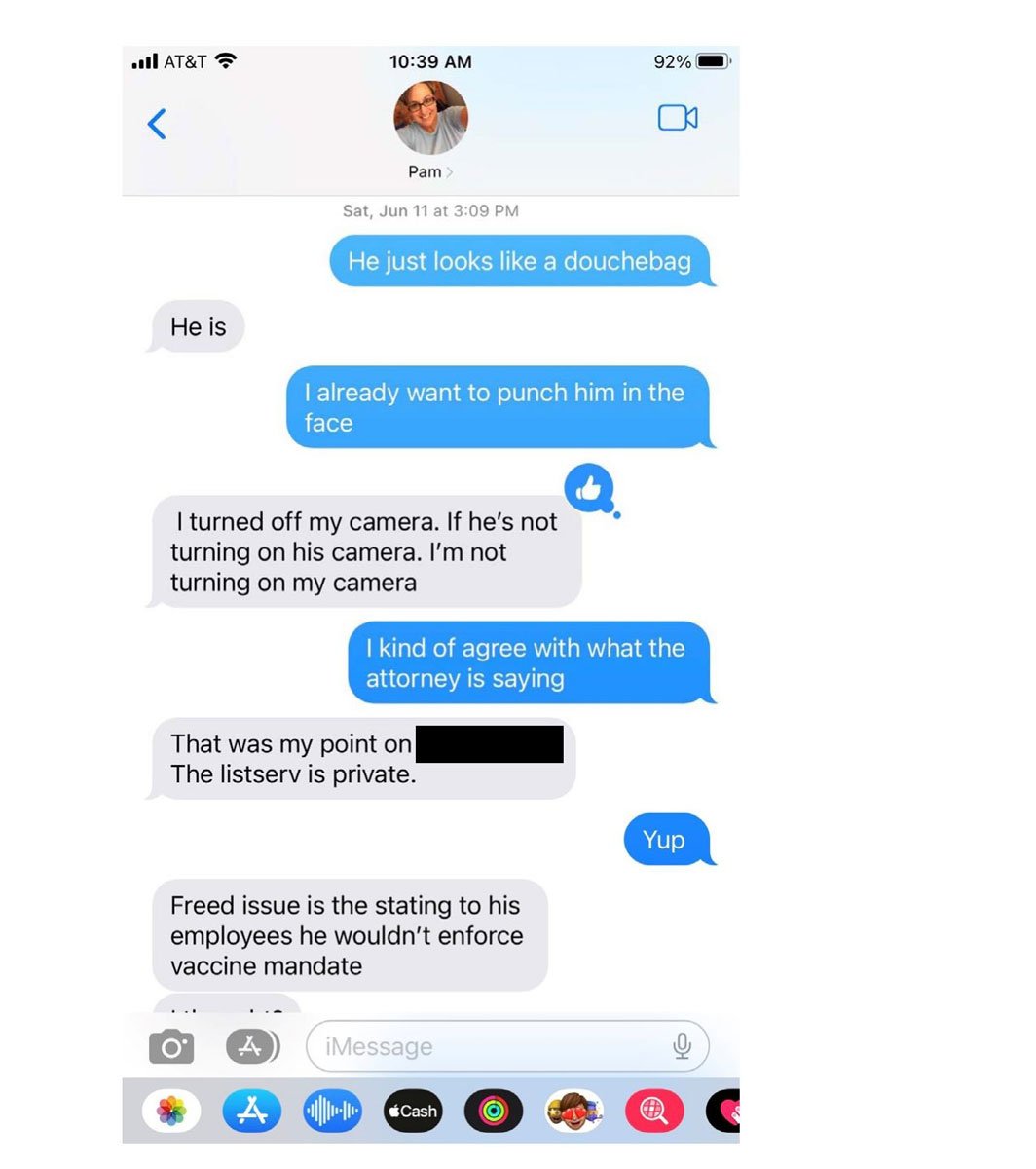 A copy of text messages between Encinitas City Manager Pamela Antil and board colleague William Fraser during an ICMA meeting related to the censure of former member James Freed, the city manager of Port Huron, Michigan. Freed has since filed a defamation lawsuit against ICMA, naming Antil and other board members as defendants. Screenshot