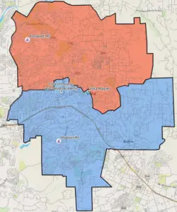 A map shared at the Vista Unified School District’s Dec. 12 board meeting showing the new attendance boundaries for Madison Middle School (blue) and Roosevelt Middle School (orange) once Rancho Minerva closes at the end of the school year. Courtesy VUSD 