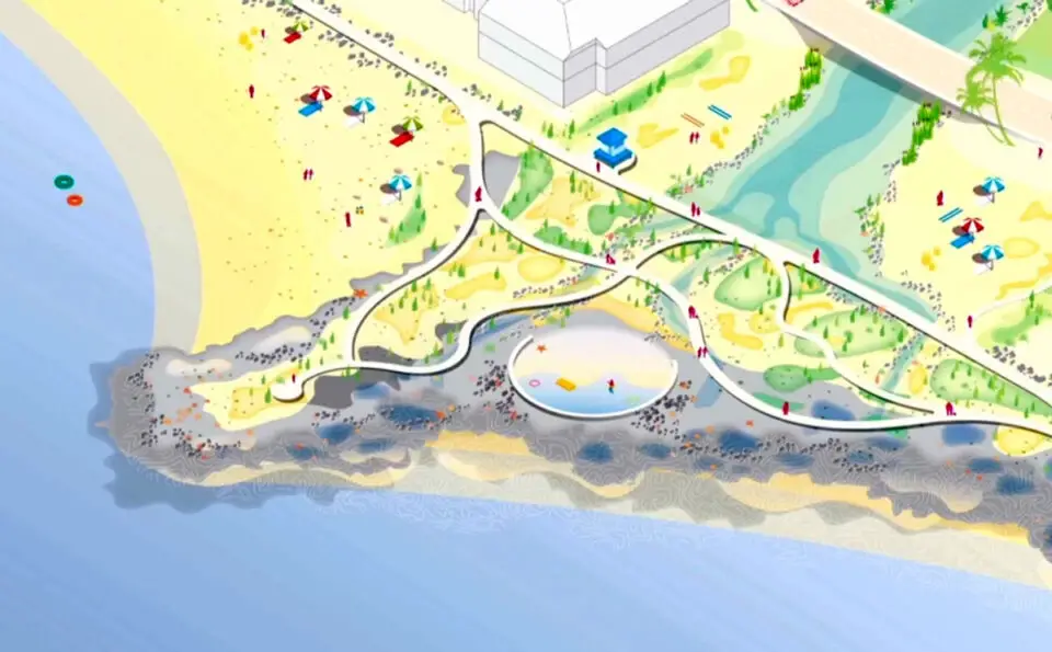 Netherlands-based engineering firm Deltares USA's “Green Dream Peninsula” design for the Oceanside’s RE:BEACH competition. Screenshot