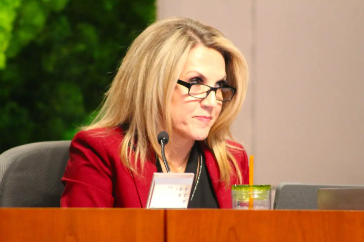 San Marcos Mayor Rebecca Jones listens to public comments during the City Council’s Dec. 12 meeting, where she and other council members unanimously approved the mixed-use development at the Restaurant Row site. Photo by Laura Place